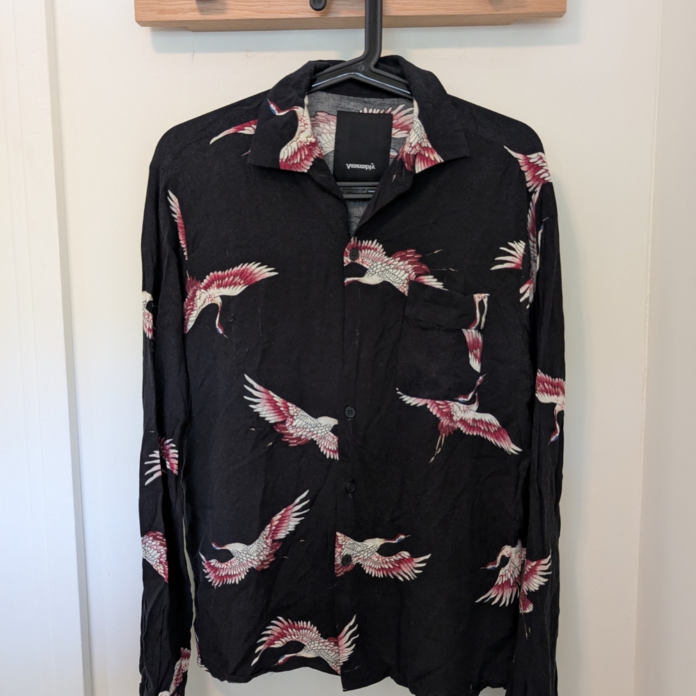 Black Button-Up Shirt with Crane Print